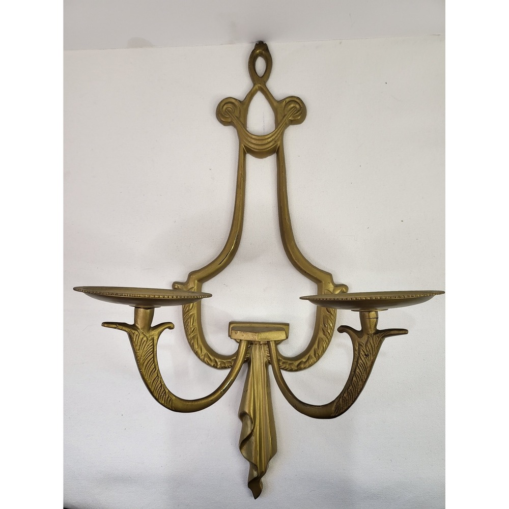 Vintage Solid Brass Wall Sconce Double Candle Holder Ornate Hollywood Regency